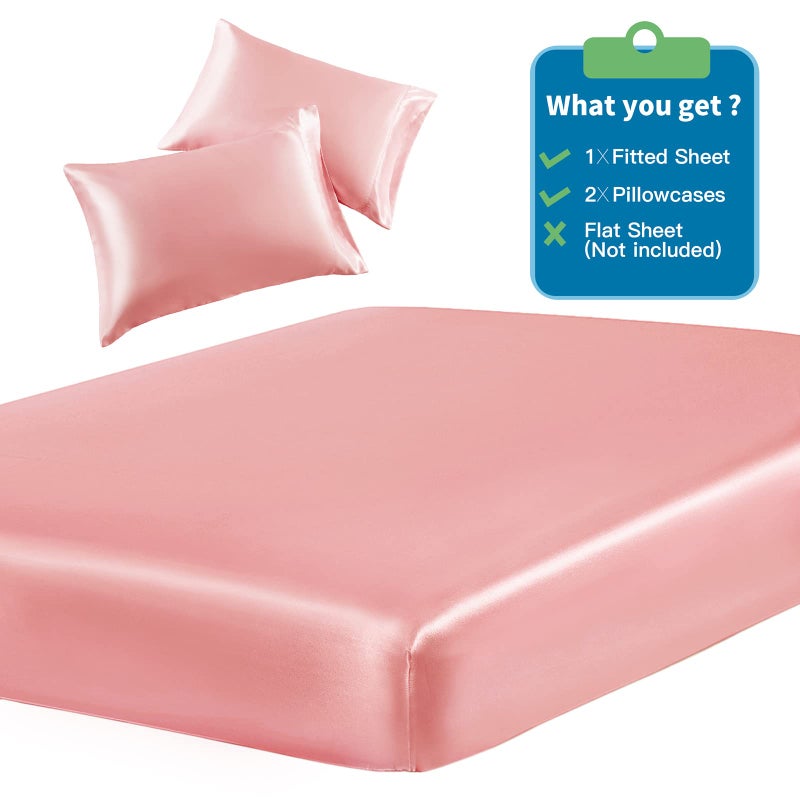 SiinvdaBZX 3-Piece Set Satin Twin Fitted Sheet & 2 Pillowcase  Blush Pink Silky Soft Fitted Bottom Sheet  Wrinkle Free  Fade Resistant  Deep Pocket Bed Sheet (Deep Up to 15"") - Image 3